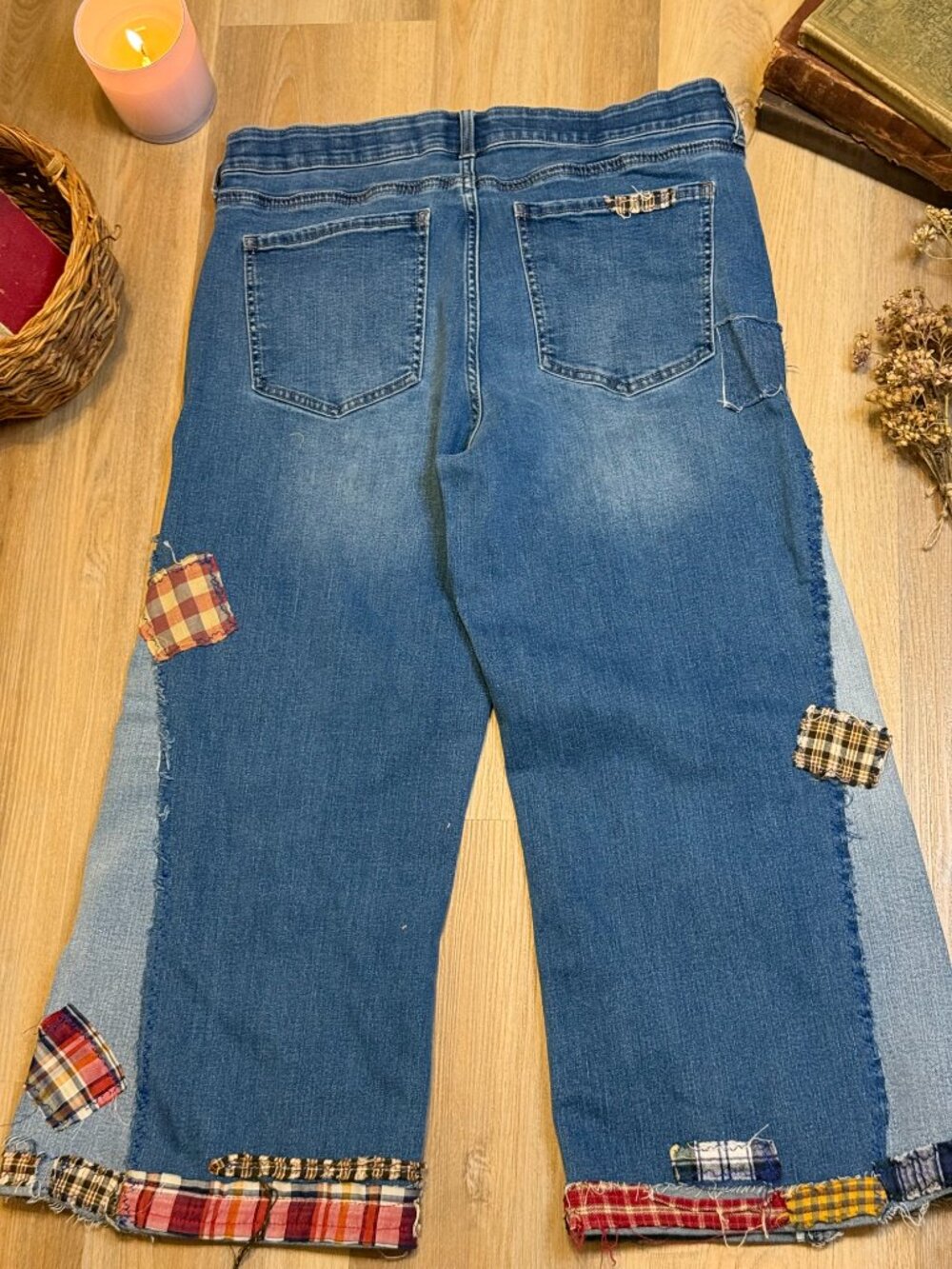 Upcycled Patchwork Jeans | Wide Leg Patched Denim | Visible Mending Art - Picture 11 of 11